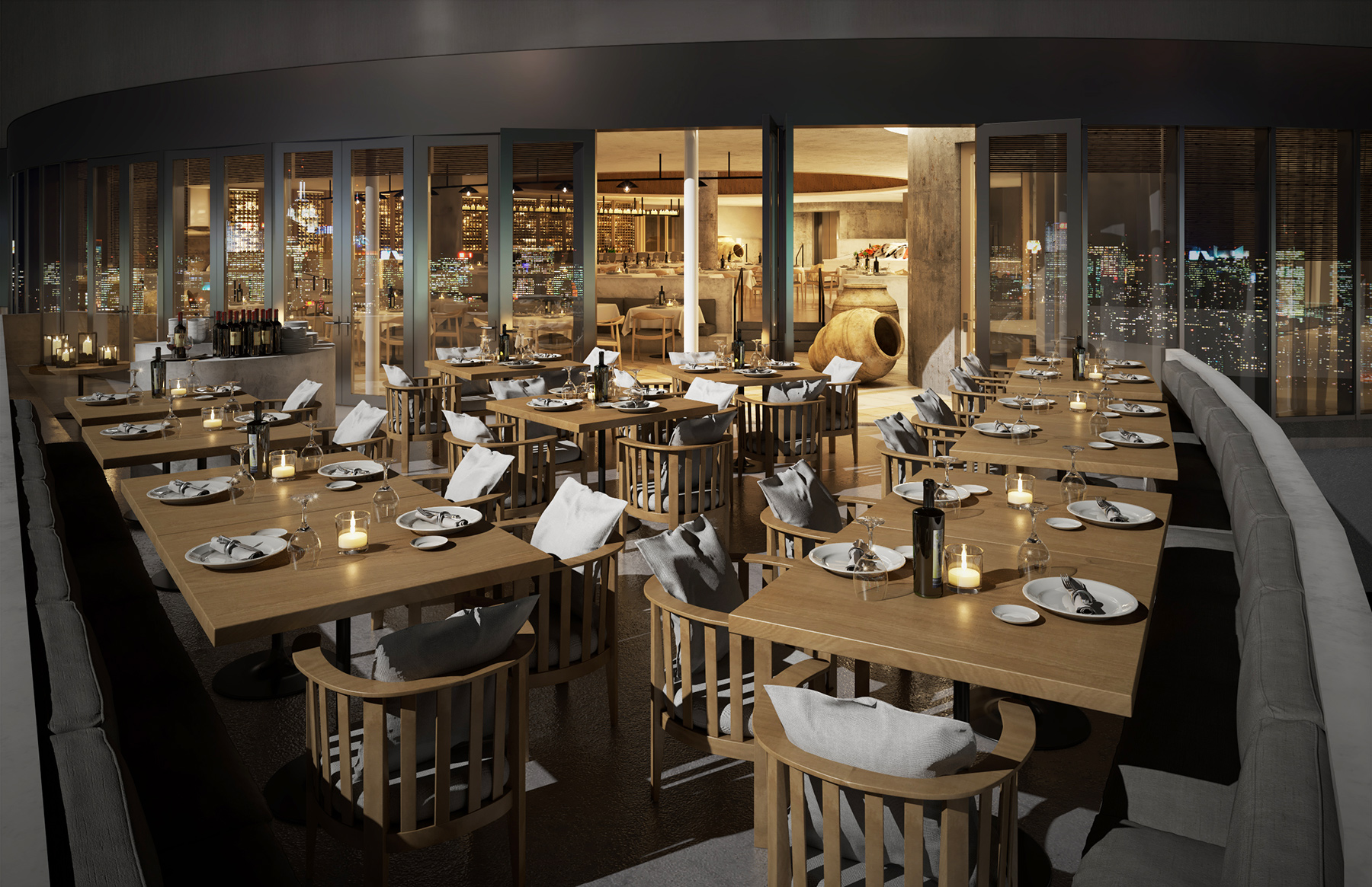 Restaurant 3D Terrasse New-York Milos Hudson Yards, rendu photo-réaliste, 3d rendering, Montréal