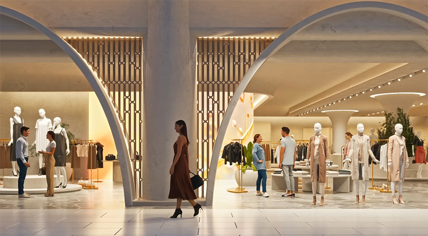 Groupe Dynamite, Royalmount Montréal, boutique linge, femme, animation 3d, architecture 3d, rendu photo-réaliste, 3d rendering, Montréal, Québec