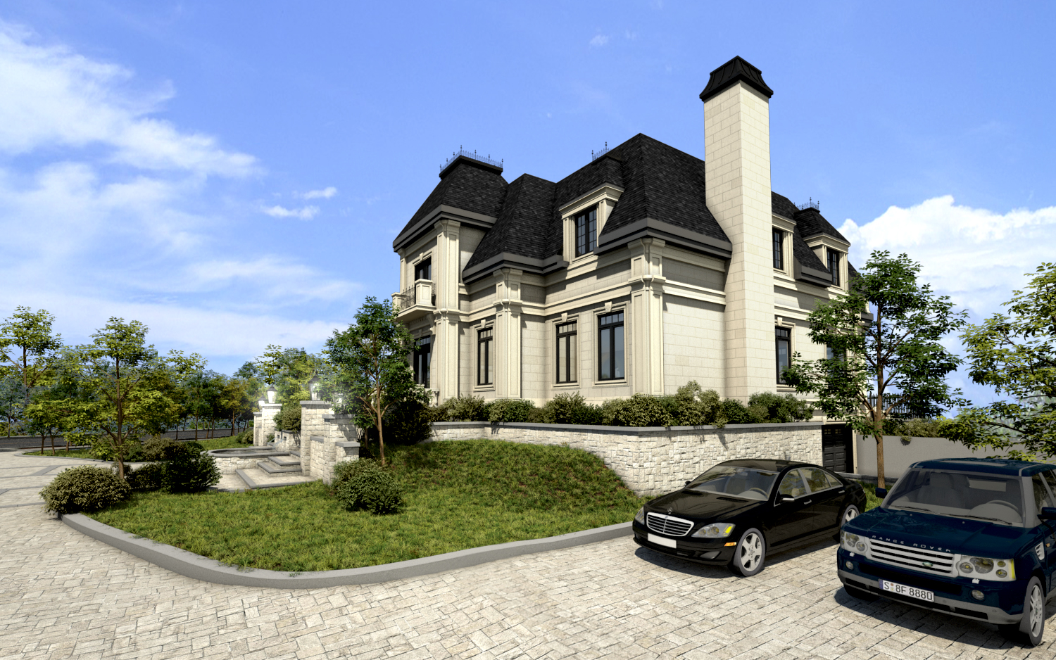 Maison prestige 3D, maison pierre, avac, maison béton, 3d rendering, Montréal, Québec