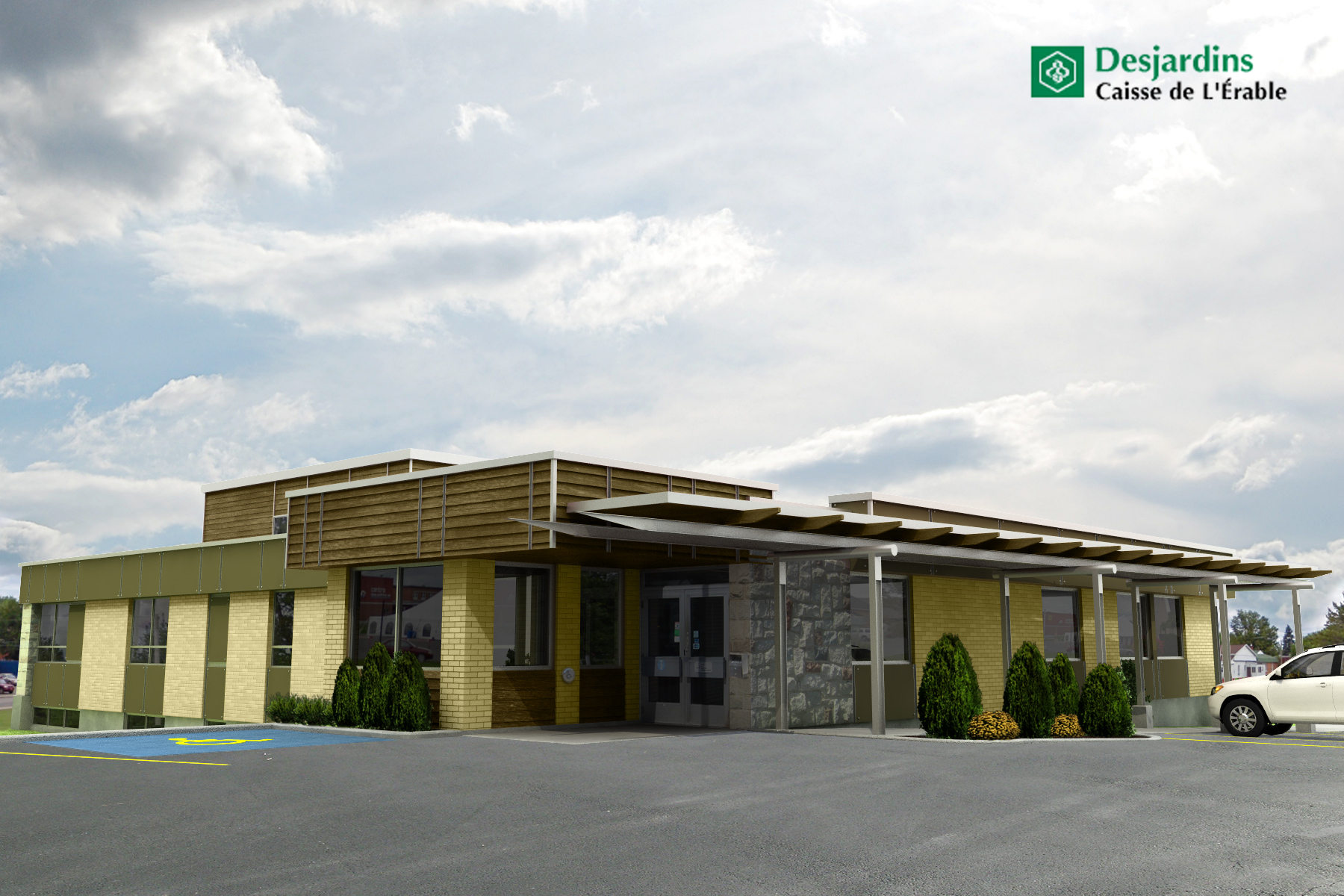 Caisse Desjardins Princeville, Lemay-Coté Architectes, rendu photo-réaliste, 3d rendering, Montréal, Québec