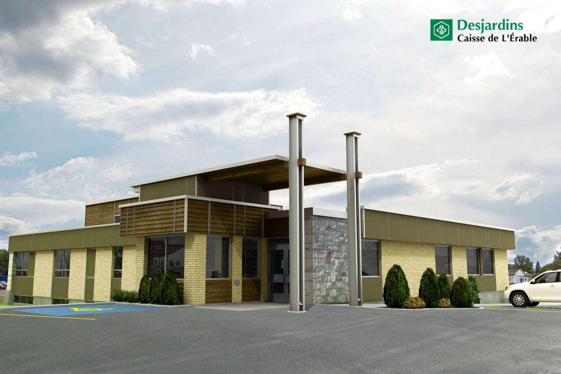 Caisse Desjardins Princeville, Lemay-Coté Architectes, rendu photo-réaliste, 3d rendering, Montréal, Québec