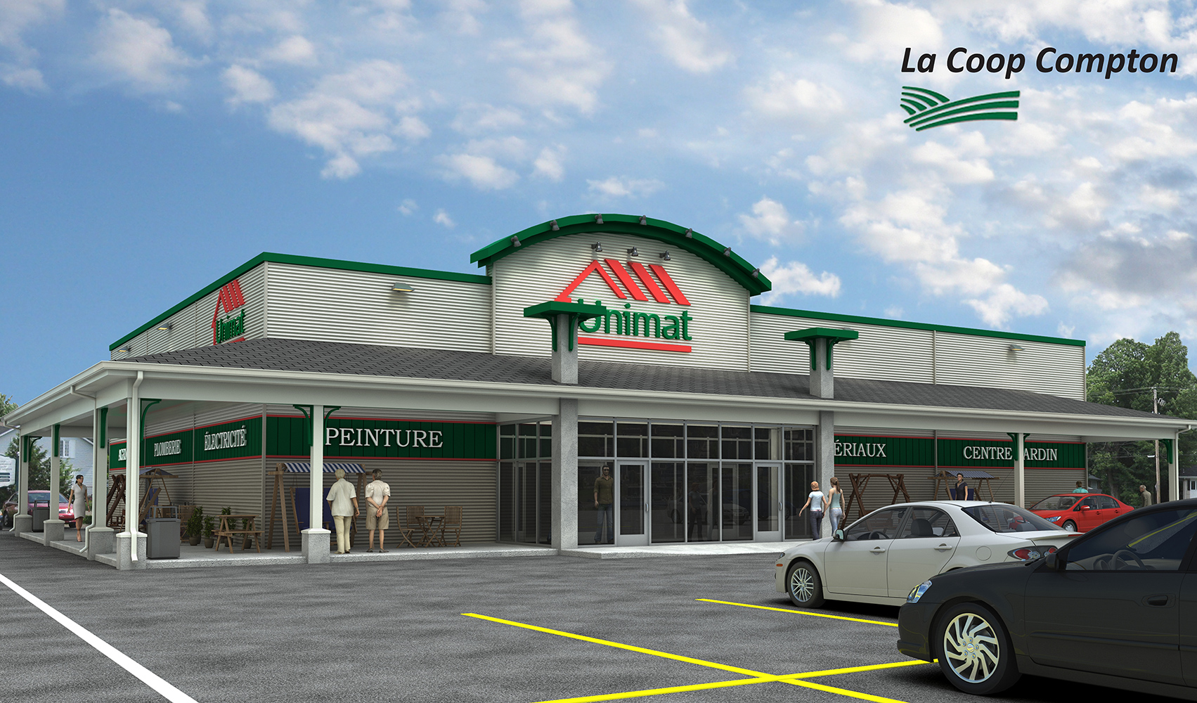 Unimat, La Coop, Compton, Lemay-Coté Architectes, rendu photo-réaliste, 3d rendering, Montréal, Québec