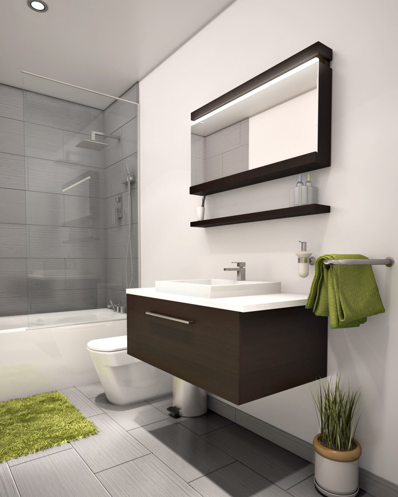Salle de bain 3D, bain et douche, rendu photo-réaliste, 3d rendering, Montréal, Québec