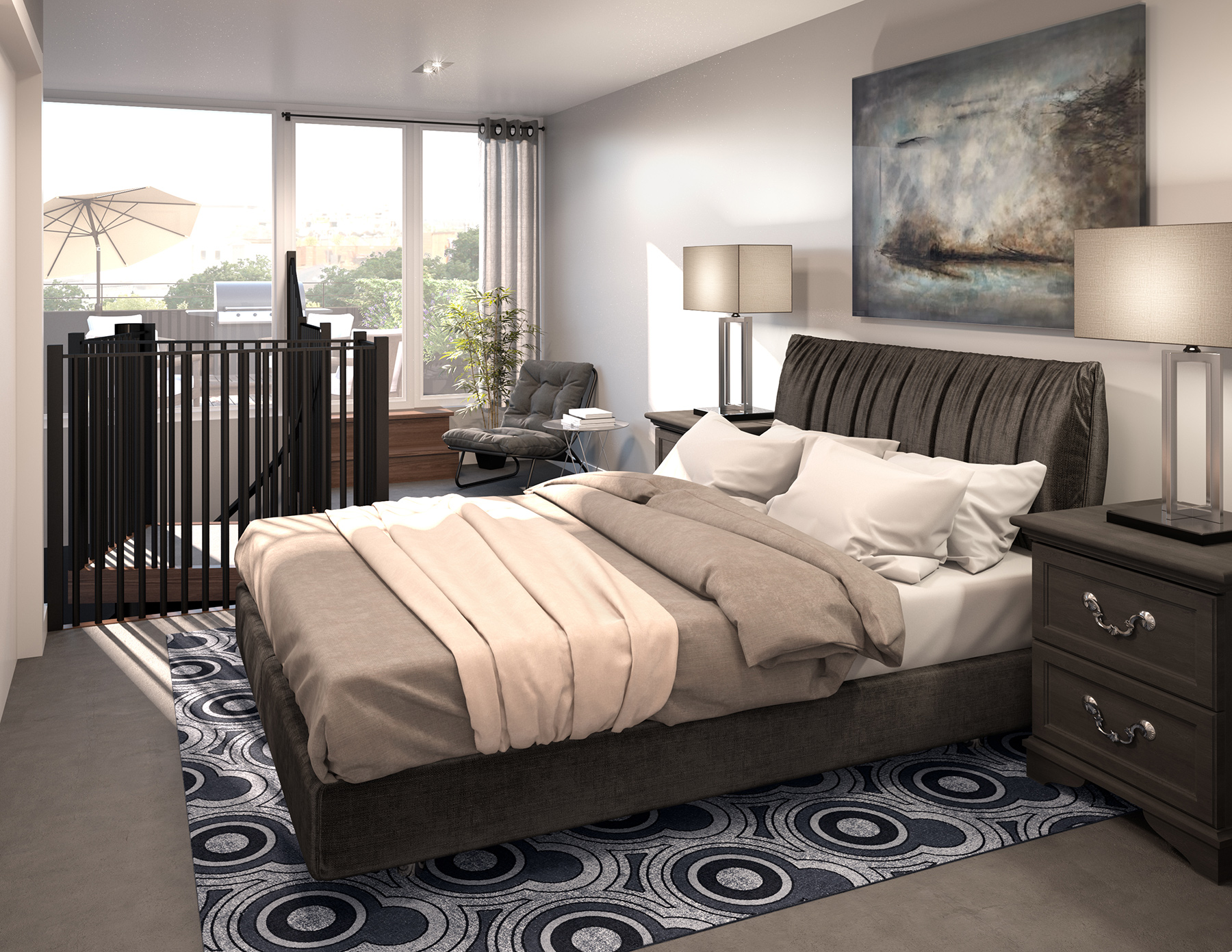 Chambre 3D condo mezzanine, condominium, rendu photo-réaliste, 3d rendering, Montréal, Québec