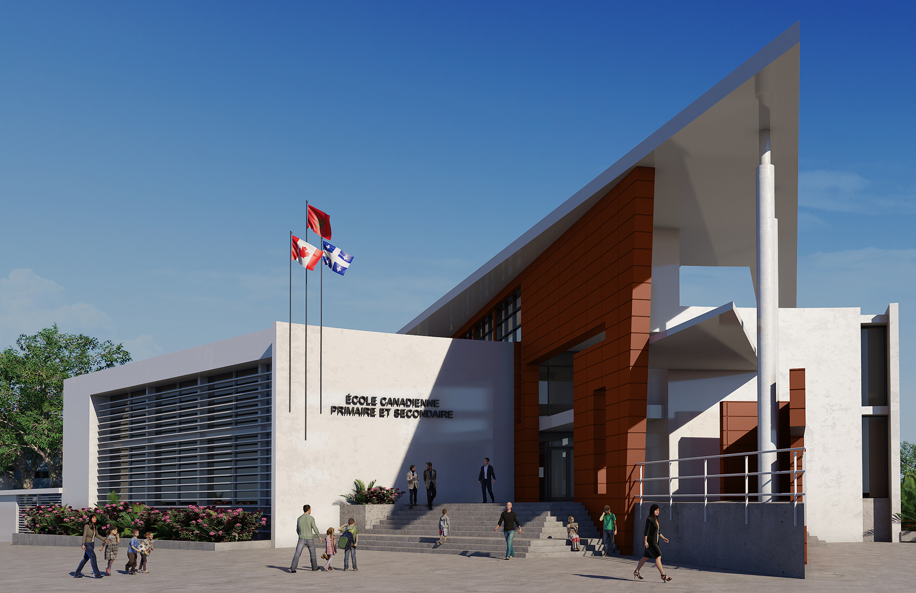 École canadienne, Rabat, Maroc, illustration photoréaliste, 3d rendering, Montréal, Québec