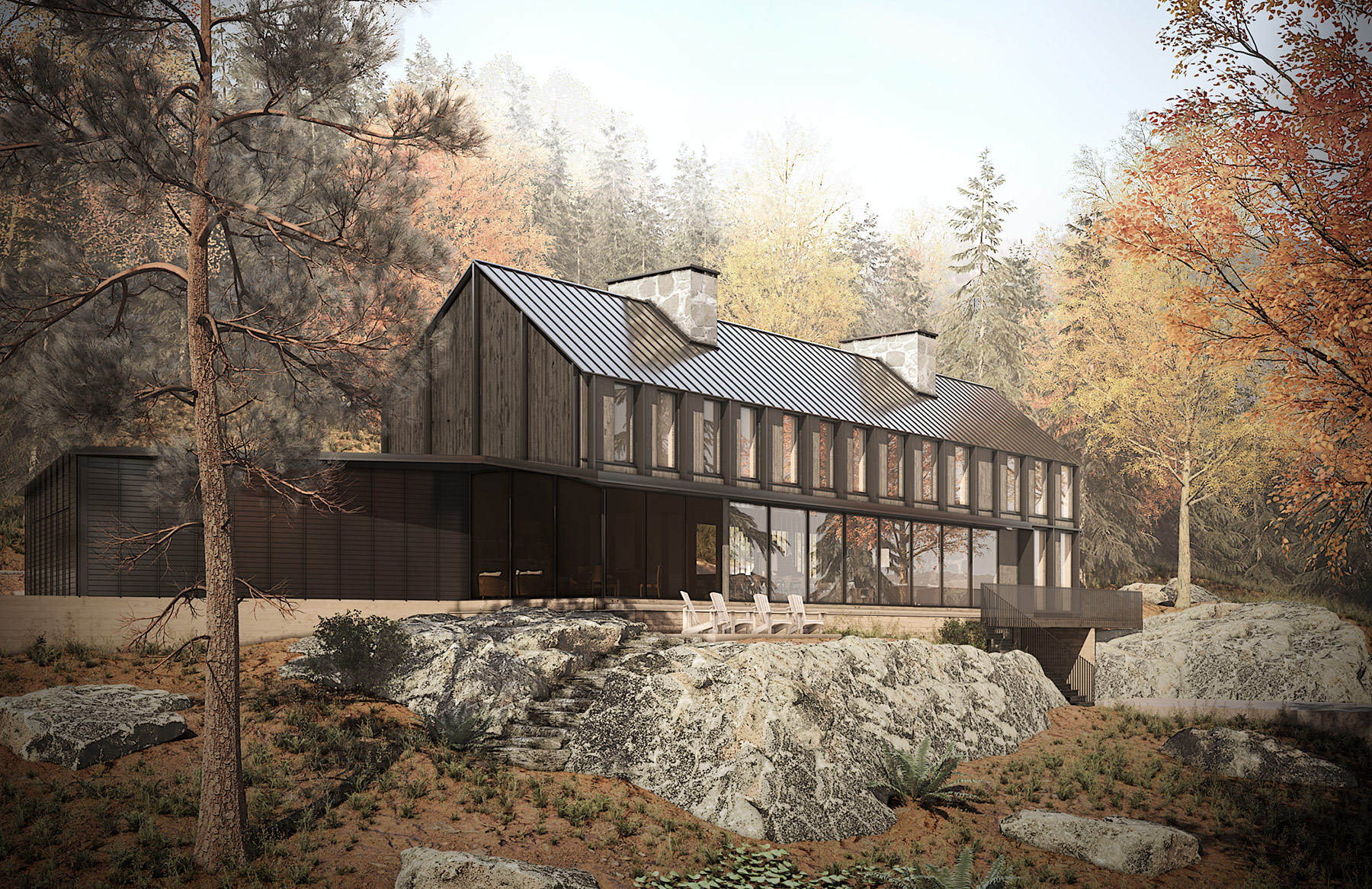 Mont-Tremblant, Lac Tremblant, Maison, architecture 3D, automne, Montréal, Québec