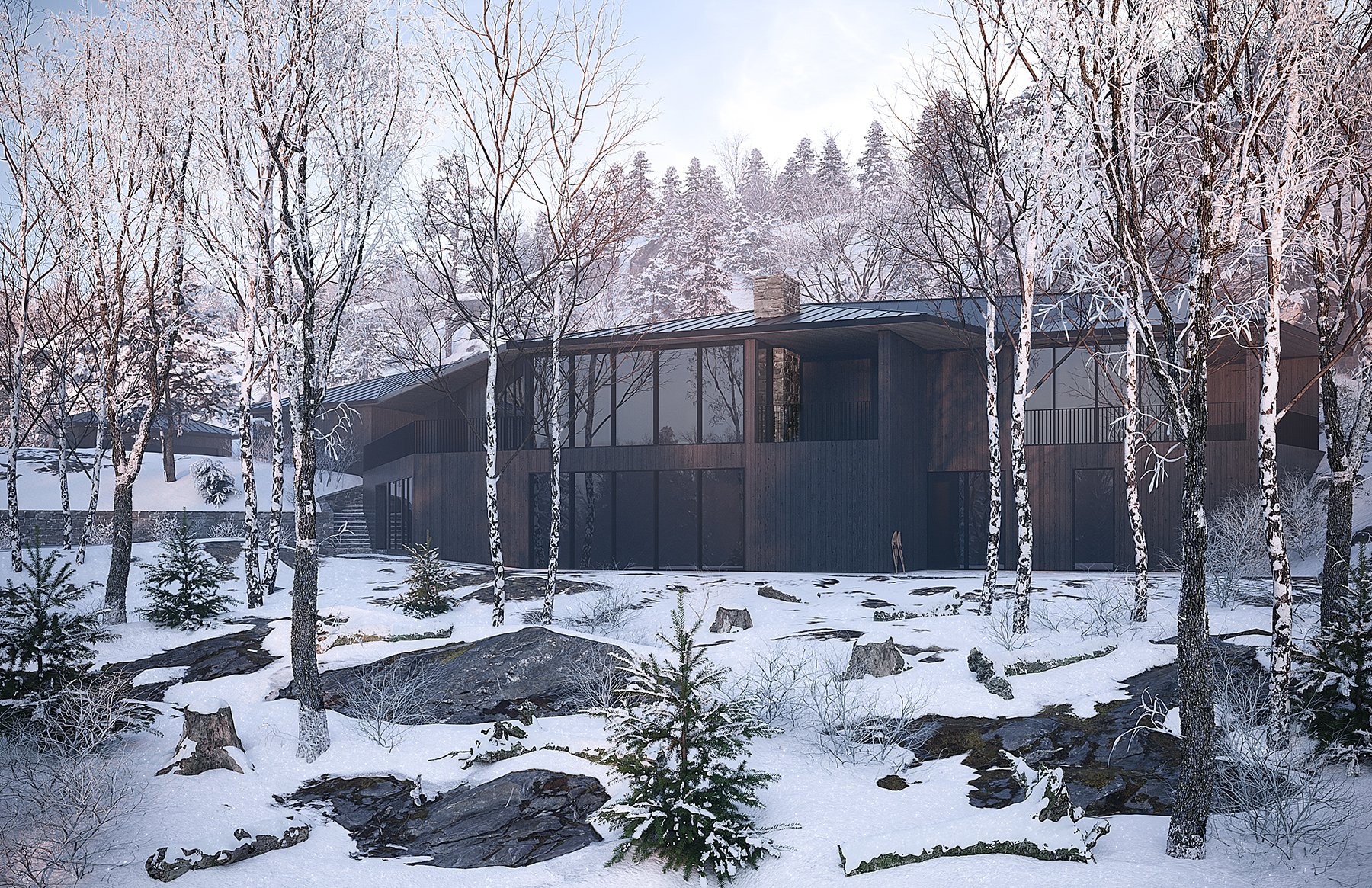 Résidence des Lacs, Nathalie Thibodeau Architecte, hiver rendu photoréaliste, Montréal