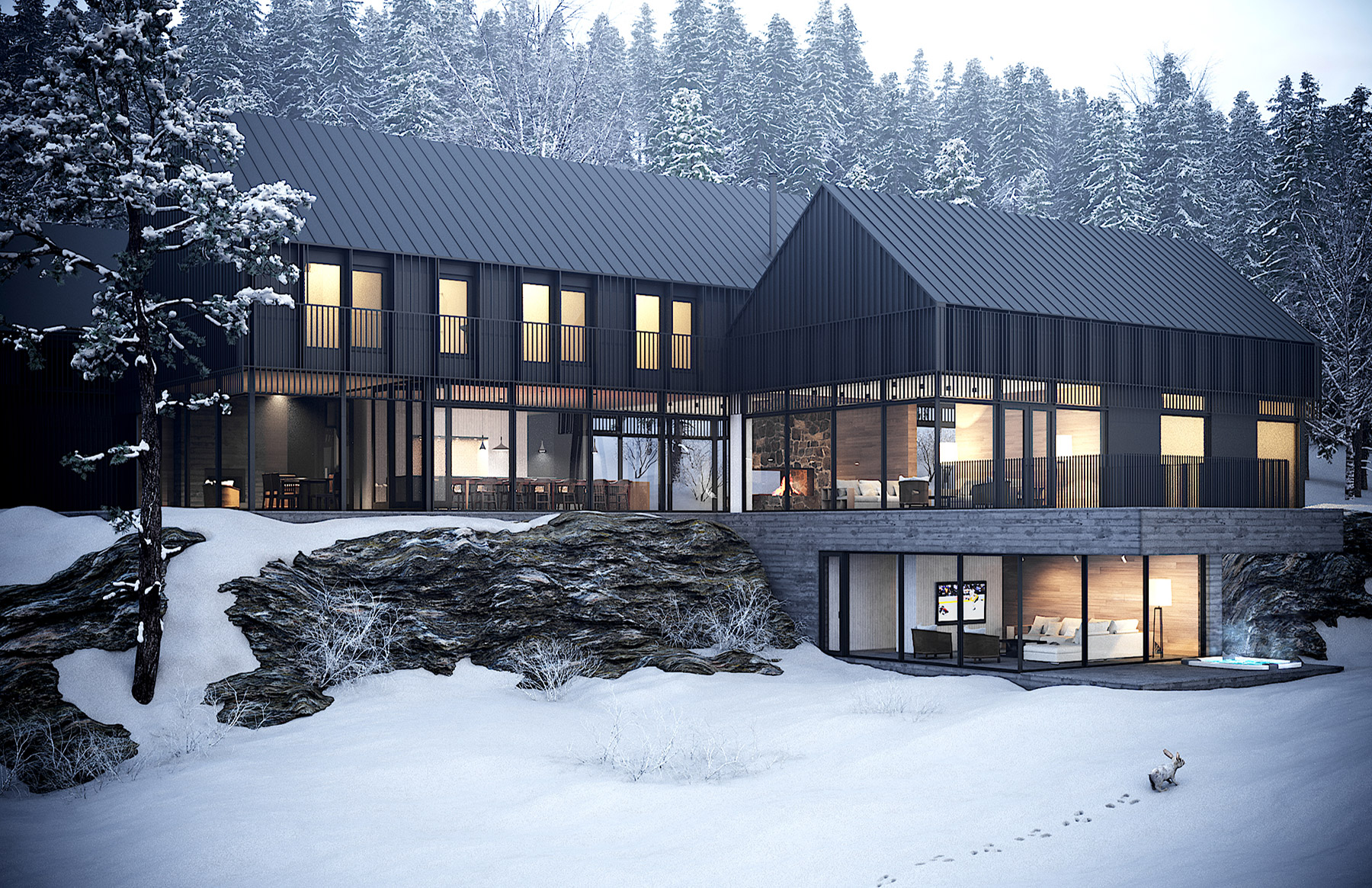 Mont-Tremblant, Lac Tremblant, Maison, architecture 3D, hiver, neige, Montréal, Québec