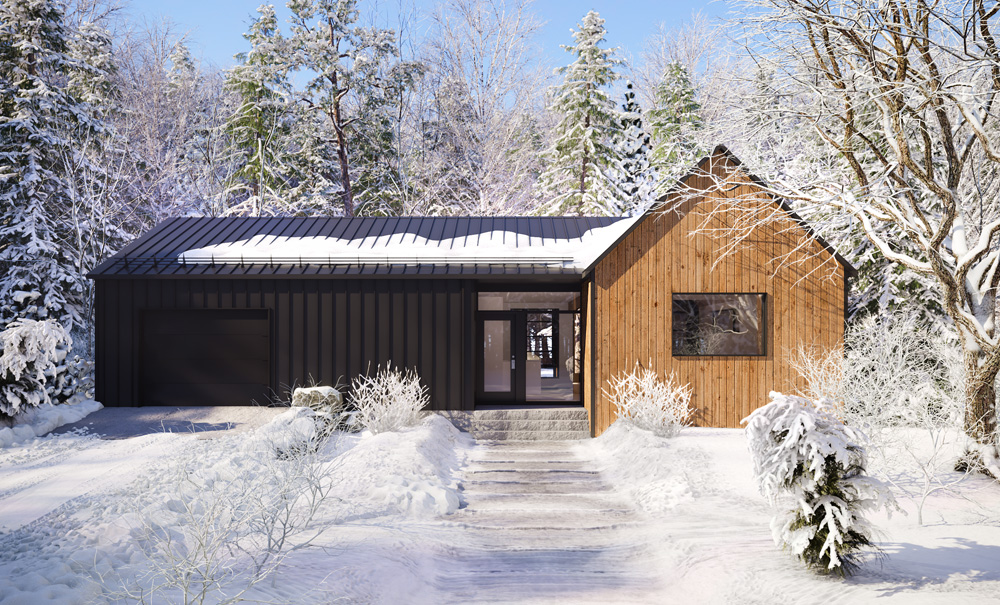 Maison écologique, Belvedair, hiver, architecture, Arundel, Laurentides, illustration 3d photoréaliste