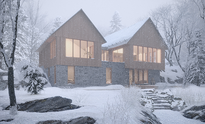 Maison architecte, Appareil Architecture, Kim Pariseau, Laurentides, Hiver, image 3d photoréaliste