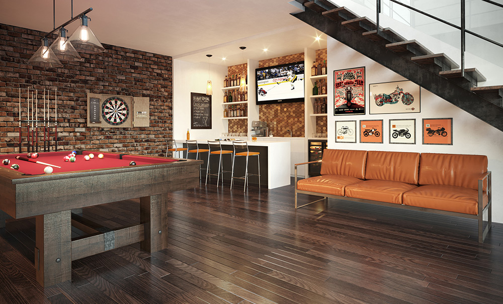 Plancher bois franc, Wickham, Salle de billard, rendu photo-réaliste, 3d rendering, Montréal, Québec